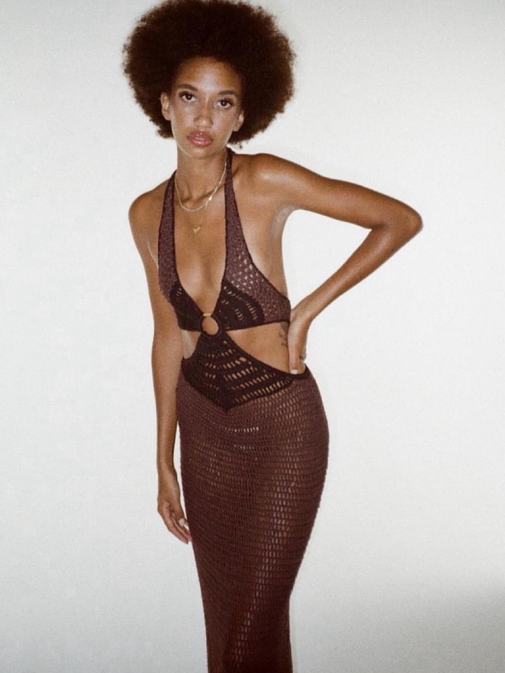 Akoia Swim Brown Crochet Sheer Maxi Dress Swim Coverup Size S